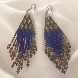 Beaded Dangly Earrings -  Triangle Design - blue, black & gold